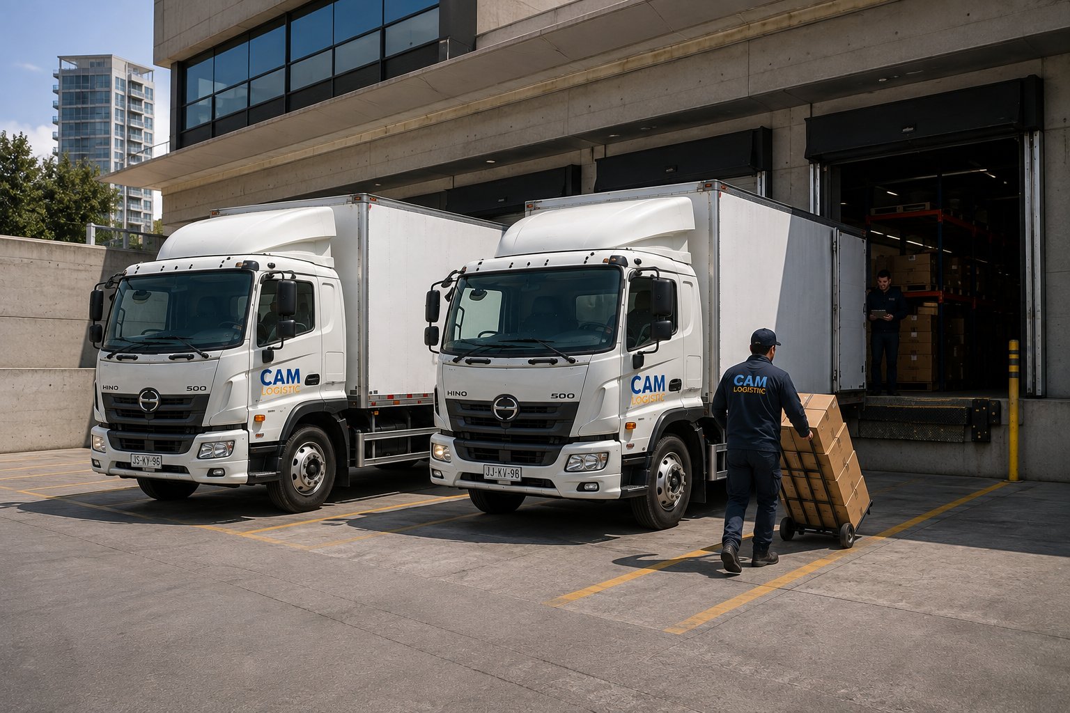 Camiones CAM Logistic cargando en andén de bodega